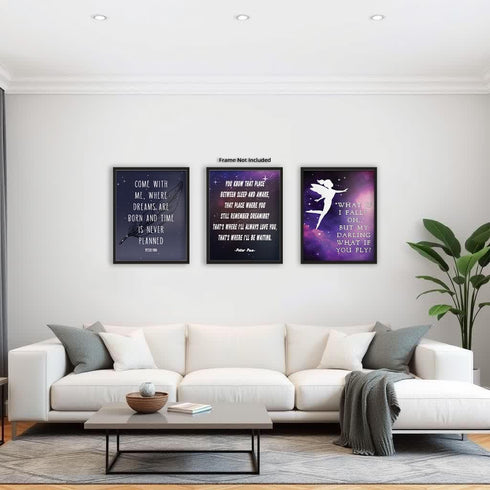 Posterizer 3 pcs-Purple Girly Peter Pan, Fairies Cartoon Quotes-Kids Room Art-Quotes- Decor for nursery toddlers kids room- unframed wall art...